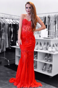 Red Awesome Strapless Sleeveless Appliques Lace Trumpet/Mermaid Long Tulle Prom Dresses