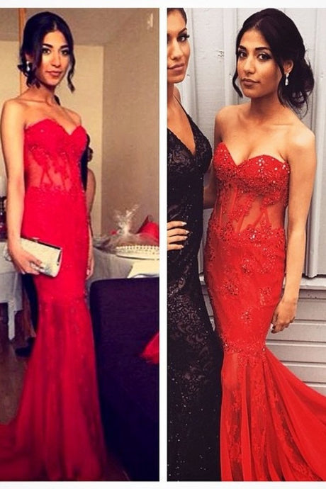 Red Awesome Strapless Sleeveless Appliques Lace Trumpet/Mermaid Long Tulle Prom Dresses