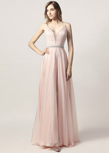 A-line/Princess V-neck Beading Long Formal Pink Prom Dresses