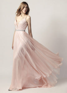 A-line/Princess V-neck Beading Long Formal Pink Prom Dresses