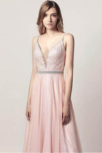 A-line/Princess V-neck Beading Long Formal Pink Prom Dresses