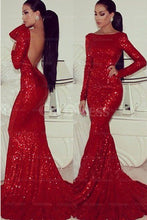 Red Bateau Sequined Trumpet/Mermaid Long Sleeves Open Back Evening Dresses