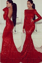 Red Bateau Sequined Trumpet/Mermaid Long Sleeves Open Back Evening Dresses