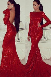 Red Bateau Sequined Trumpet/Mermaid Long Sleeves Open Back Evening Dresses