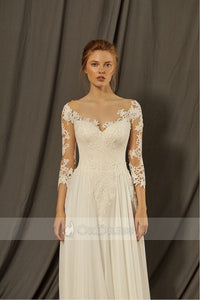 Ivory V-Neck Chiffon Wedding Dresses with 3/4 Sleeves