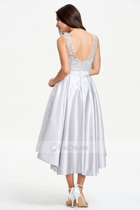 Silver Asymmetrical A-line Sleeveless Lace Satin Prom Dresses