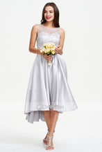 Silver Asymmetrical A-line Sleeveless Lace Satin Prom Dresses