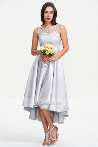 Silver Asymmetrical A-line Sleeveless Lace Satin Prom Dresses