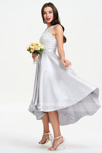 Silver Asymmetrical A-line Sleeveless Lace Satin Prom Dresses