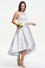 Silver Asymmetrical A-line Sleeveless Lace Satin Prom Dresses