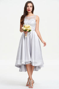 Silver Asymmetrical A-line Sleeveless Lace Satin Prom Dresses