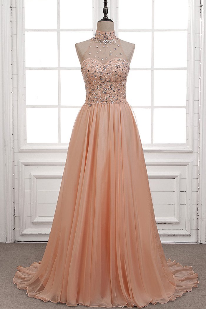 Tulle & Chiffon High Neck Evening Dresses with Beading – Okeydress