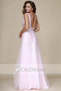 A-line V-neck Long Tulle & Lace Long Formal Candy Pink Prom Dresses