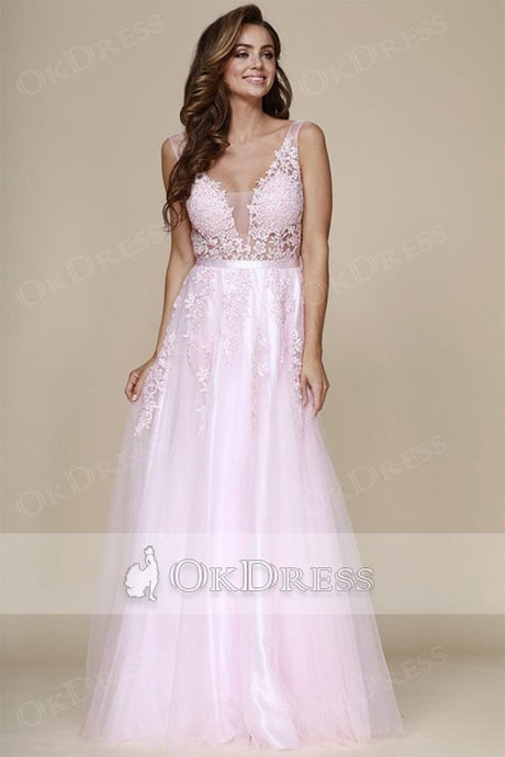 A-line V-neck Long Tulle & Lace Long Formal Candy Pink Prom Dresses
