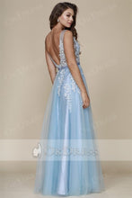 A-line V-neck Long Tulle & Lace Long Formal Sky Blue Prom Dresses