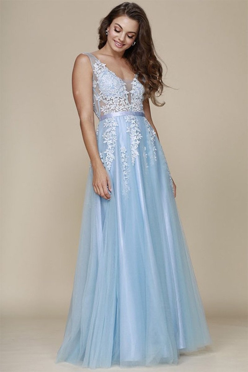 A-line V-neck Long Tulle & Lace Long Formal Sky Blue Prom Dresses