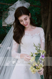 A-line Long Sleeves Lace Applique Long Bridal Wedding Dresses