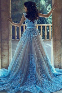 A-Line Sleeveless Court Train Blue Tulle Prom Dresses with Lace Appliques