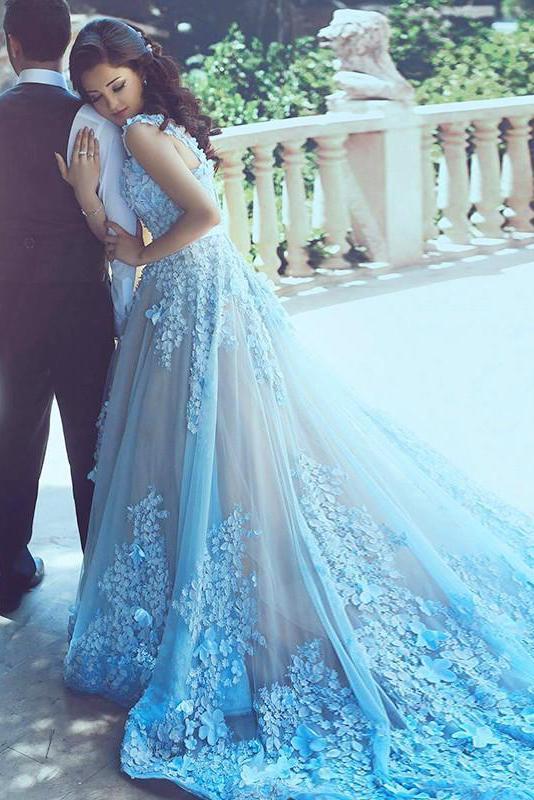 A-Line Sleeveless Court Train Blue Tulle Prom Dresses with Lace Appliques