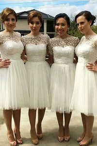 A-line Short Sleeves Knee-length Lace Tulle Bridesmaid Dresses