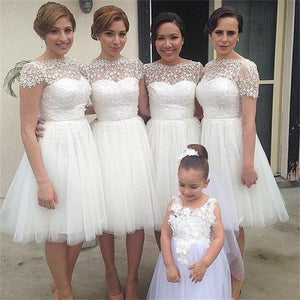 A-line Short Sleeves Knee-length Lace Tulle Bridesmaid Dresses