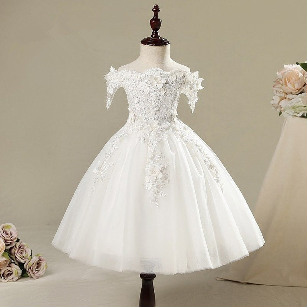 Ivory Ball Gown Off-the-shouler Floral Tulle Flower Girl Dresses
