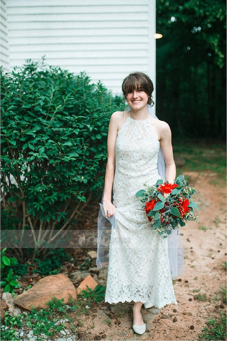 Sheath/Column Sleeveless Floor-Length Lace Wedding Dresses