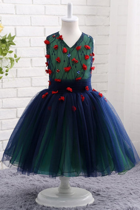Ball Gown Tulle & Lace V-Neck Flower Girl Dresses with Handmade Flowers