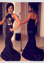 Trumpet/Mermaid Sleeveless Halter Lace Appliqued Sweep Train Prom Dresses