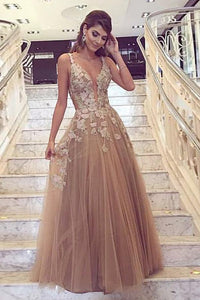 A-Line Deep V-Neck Tulle Prom Dress with Appliques