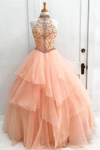 Fabulous Ball Gown High Neck Floor-length Sleeveless Tulle Prom Dresses