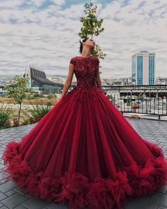 Junoesque Burgundy Tulle Appliques Ball Gown Prom Dresses