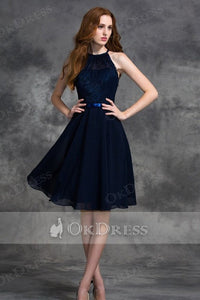 A-line Halter Jewel Lace Top Chiffon Short Bridesmaid Dresses