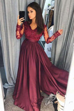 Burgundy A-Line V-Neck Lace Top Long Prom Dresses with Long Sleeves