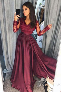 Burgundy A-Line V-Neck Lace Top Long Prom Dresses with Long Sleeves