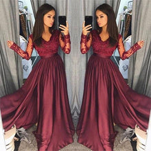 Burgundy A-Line V-Neck Lace Top Long Prom Dresses with Long Sleeves