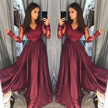 Burgundy A-Line V-Neck Lace Top Long Prom Dresses with Long Sleeves