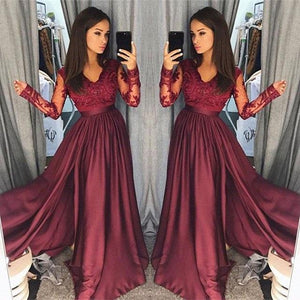 Burgundy A-Line V-Neck Lace Top Long Prom Dresses with Long Sleeves