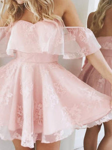 A-Line Off-the-Shoulder Short Pearl Pink Lace Homecoming Dresses