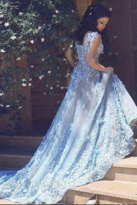 A-Line Sleeveless Court Train Blue Tulle Prom Dresses with Lace Appliques