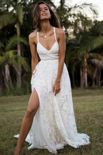 Stunning A-line Spaghetti Straps Split Lace Long Beach Wedding Dresses