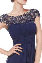 Dark Navy Elegant Cap Sleeves Long Chiffon Formal Dress