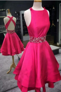 Neat A-line Sleeveless Beading Above-knee Fuchsia Prom Dresses