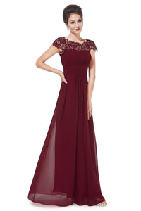 Burgundy Elegant Cap Sleeves Long Chiffon Formal Dress