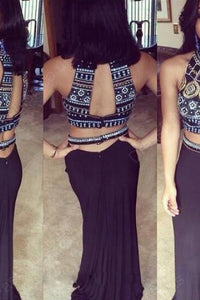 Two-Piece High Neck Sweep Train A-line Long Prom Dresses