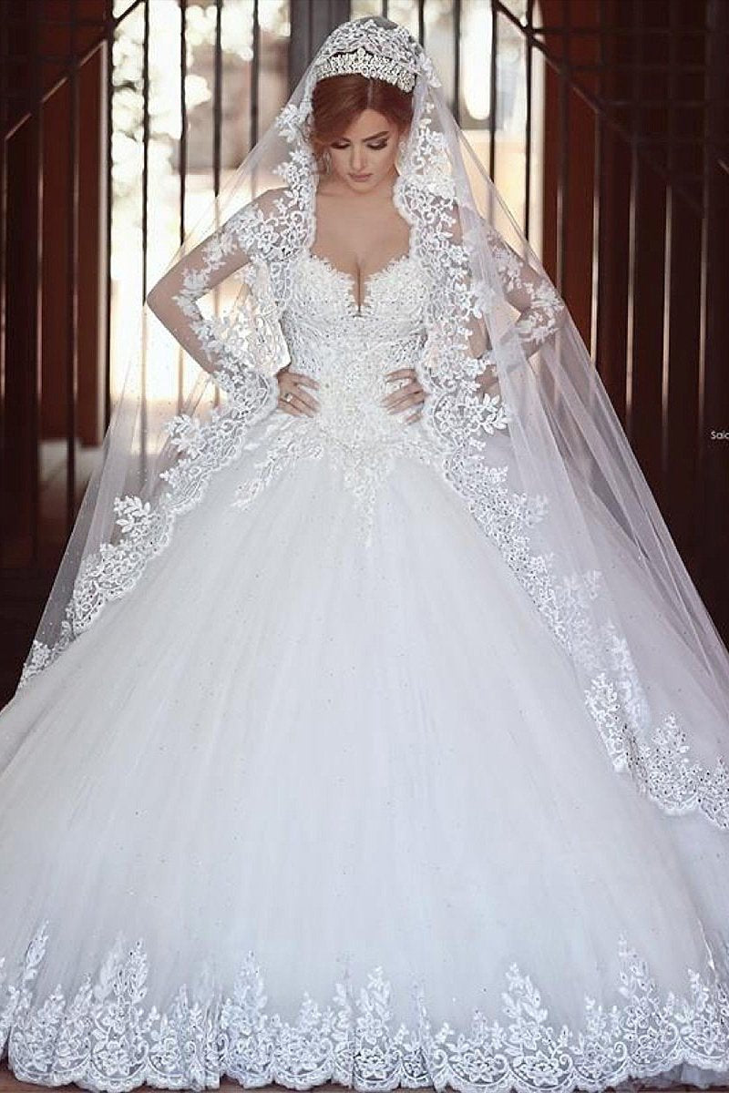 Long Sleeves Sweetheart Chapel Train Natural Ball Gown Wedding Dresses
