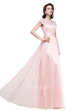 Classic A-line Cap Sleeves Bateau Lace Tulle Floor-length Bridesmaid Dresses