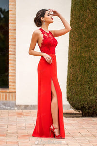 Red A-line Sleeveless Front Split Lace Long Satin Formal Prom Dresses