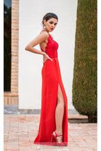 Red A-line Sleeveless Front Split Lace Long Satin Formal Prom Dresses