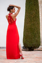 Red A-line Sleeveless Front Split Lace Long Satin Formal Prom Dresses